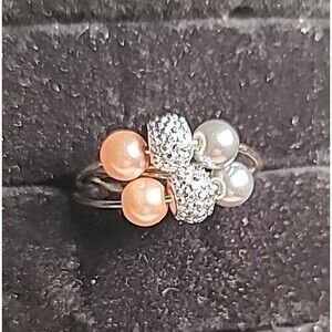 NEW Handmade Wire Wrapped Ring Silvertone Statement Pink Beaded Size 8